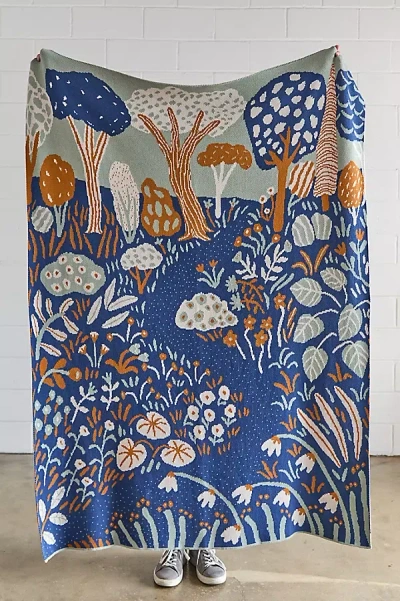 Anthropologie Biquette Cotton Knit Novelty Throw Blanket In Blue