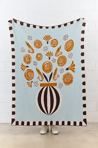 Anthropologie Biquette Cotton Knit Novelty Throw Blanket In Blue
