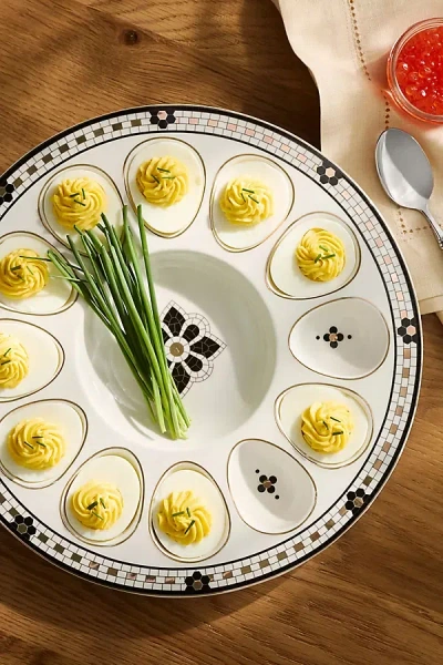 Anthropologie Bistro Tile Stoneware 24k Gold Accent Deviled Egg Platter In Multi