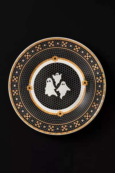 Anthropologie Bistro Tile Stoneware 24k Gold Accent Halloween Dessert Plate In Black