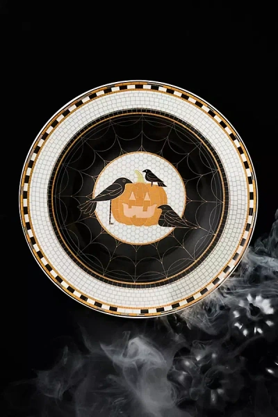 Anthropologie Bistro Tile Stoneware 24k Gold Accent Halloween Dessert Plate In White