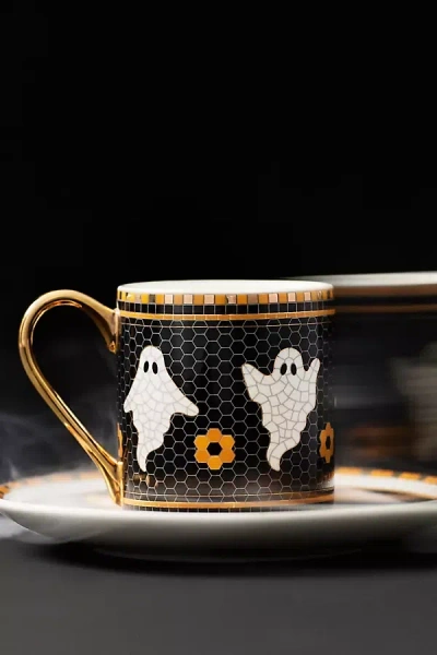 Anthropologie Bistro Tile Stoneware 24k Gold Accent Halloween Espresso Cup In Black