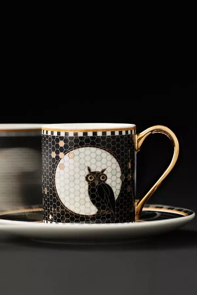 Anthropologie Bistro Tile Stoneware 24k Gold Accent Halloween Espresso Cup In Black
