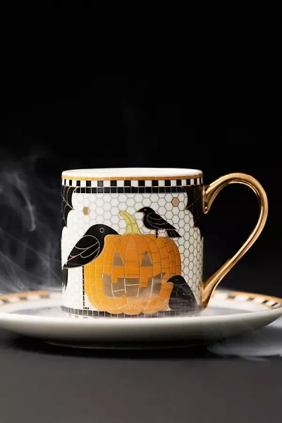 Anthropologie Bistro Tile Stoneware 24k Gold Accent Halloween Espresso Cup In Multi