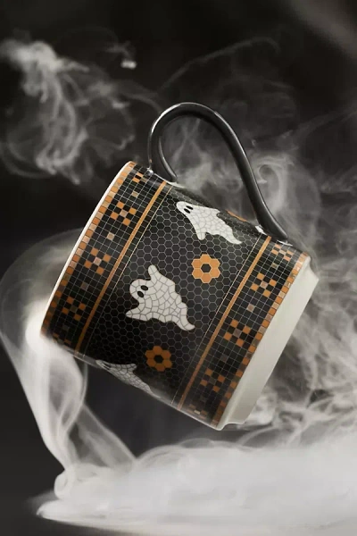 Anthropologie Bistro Tile Stoneware 24k Gold Accent Halloween Mug In Black