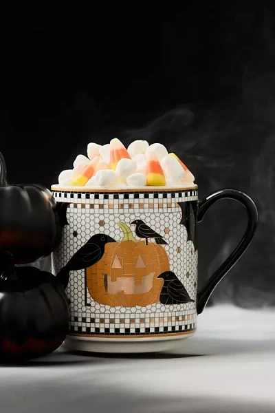 Anthropologie Bistro Tile Stoneware 24k Gold Accent Halloween Mug In Multi