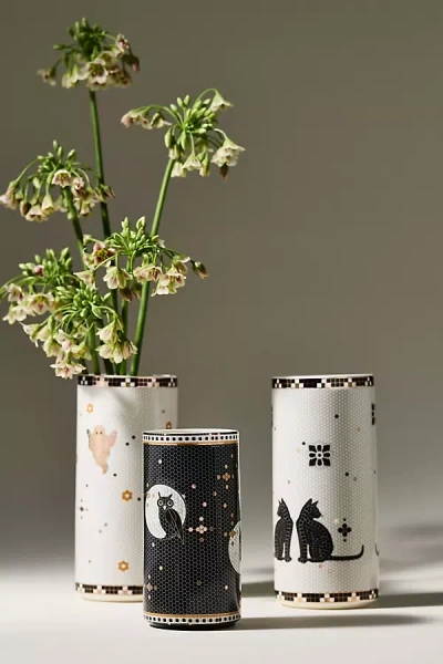 Anthropologie Bistro Tile Stoneware Vase: Halloween Edition In White