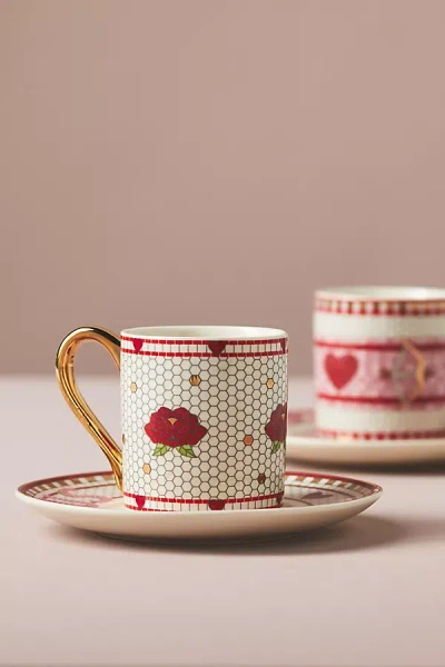 Anthropologie The Bistro Tile Stoneware Espresso Cup & Saucer: Valentine's Edition In Neutral