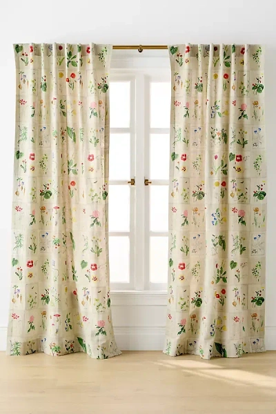 Anthropologie Botanical Cotton Linen Floral Curtain In Brown