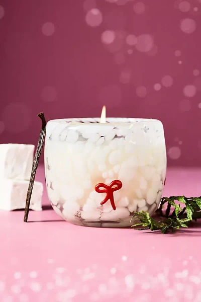 Anthropologie Bow Festive Icon Woody Winter Woods Vanilla Glass Candle In White