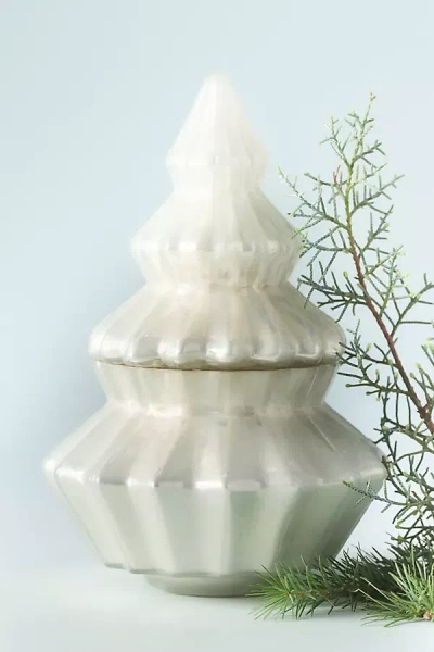 Anthropologie Bright Trees Woody Frosted Garland Glass Candle In White