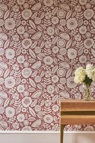 Anthropologie Camille Blossom Vintage Wallpaper In Burgundy