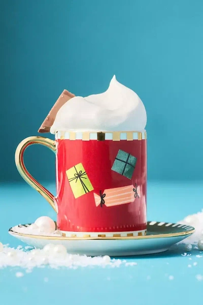 Anthropologie Caroline Stoneware Holiday Espresso Cup & Saucer In Multi