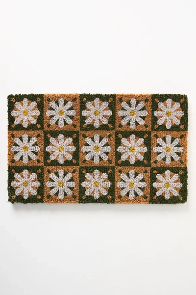 Anthropologie Checkered Daisies Coir Printed Doormat In Green