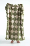 Anthropologie Carved Checkered Faux-fur Throw Blanket In Green