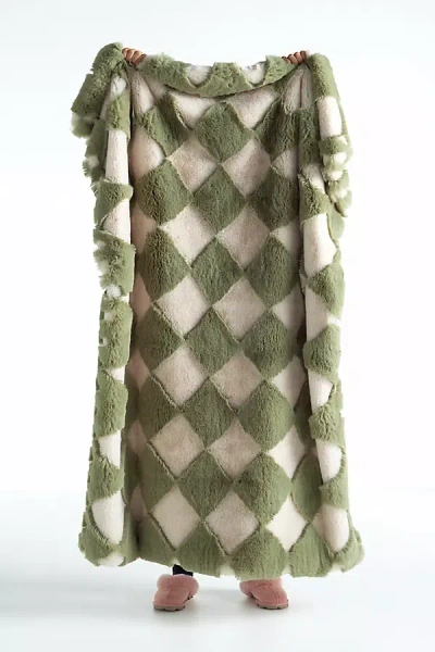 Anthropologie Carved Checkered Faux-fur Throw Blanket In Green