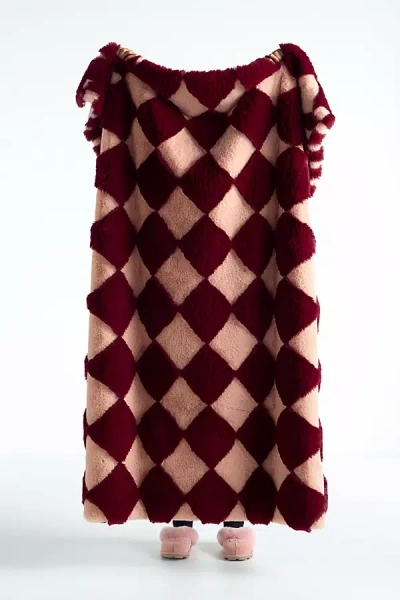 Anthropologie Carved Checkered Faux-fur Throw Blanket In Red