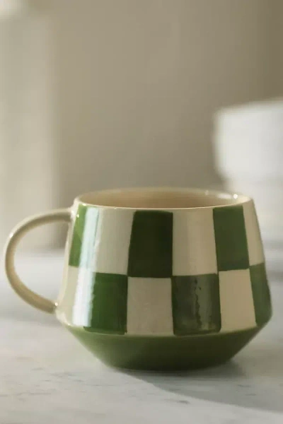 Anthropologie Checkered Stoneware Mug In Green
