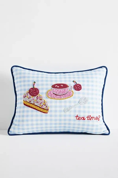Anthropologie City Icon Embroidered Cotton Pillow In Blue