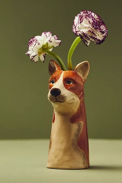 Anthropologie Corgi Stoneware Dog Vase In Multi
