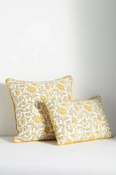 Anthropologie Cotton Block Print Floral Pillow In Yellow