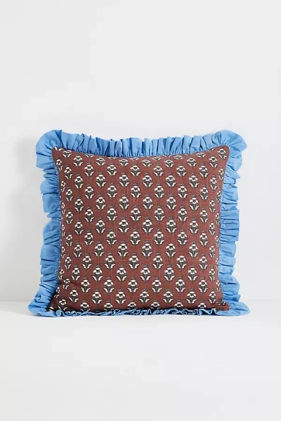 Anthropologie Cotton Block-print Ruffle Pillow In Brown