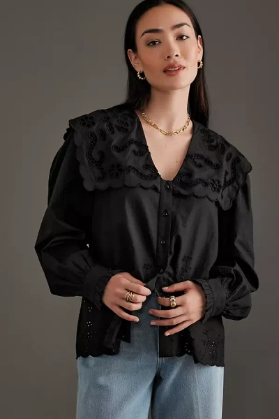 Anthropologie Cotton Broderie Blouse In Black