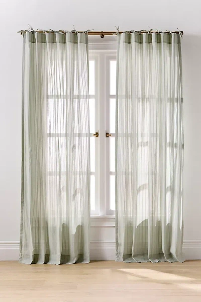 Anthropologie Cotton Dobby Striped Sheer Tie-top Curtain In Green