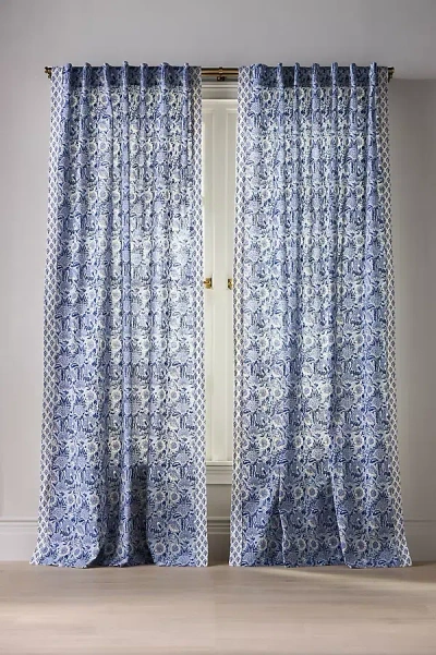 Anthropologie Cotton Mix Print Floral Curtain In Blue