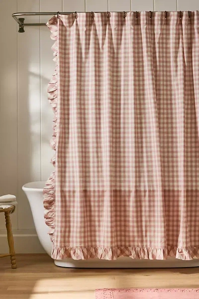 Anthropologie Cotton Printed Gingham Ruffle Shower Curtain In Purple