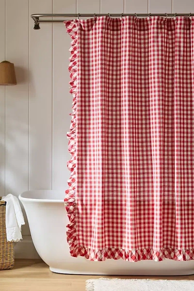 Anthropologie Cotton Printed Gingham Ruffle Shower Curtain In Red
