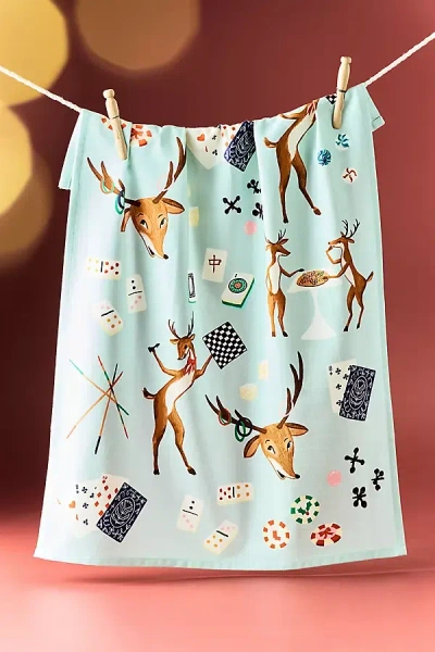 Anthropologie Cotton Reindeer Games Dish Towel In Blue
