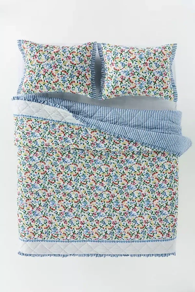 Anthropologie Cotton Voile Floral Printed Ruffle Quilt In Blue