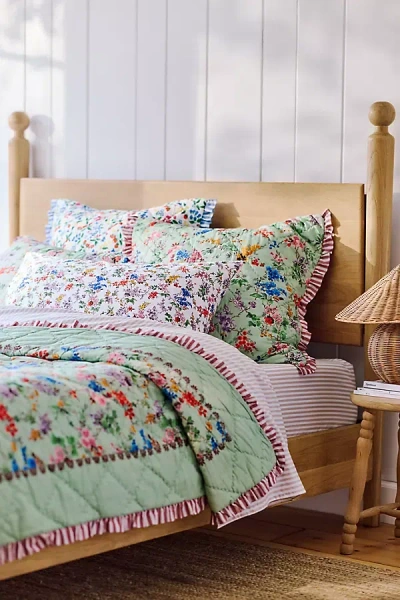 Anthropologie Cotton Voile Floral Printed Ruffle Quilt In Green