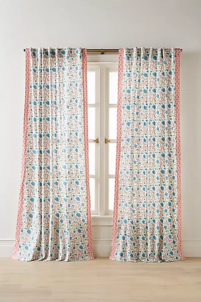 Anthropologie Cotton Woven Block Print Curtain In Pink