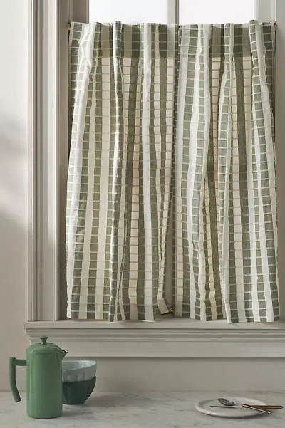 Anthropologie Cotton Woven Stripe Cafe Curtain, Set Of 2 In Green