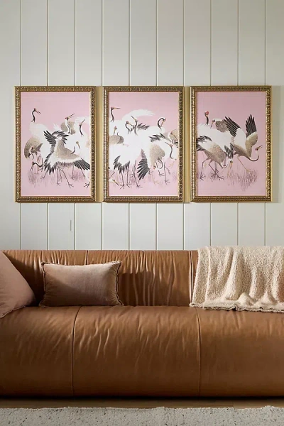 Anthropologie Curious Cranes Triptych Wall Art In Pink