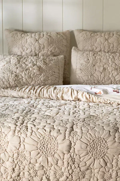 Anthropologie Dahlia Cotton Jersey Floral Quilted Bedspread In Neutral