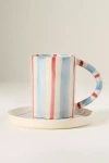 Anthropologie Daily Stripe Stoneware Espresso Cup & Saucer In Blue