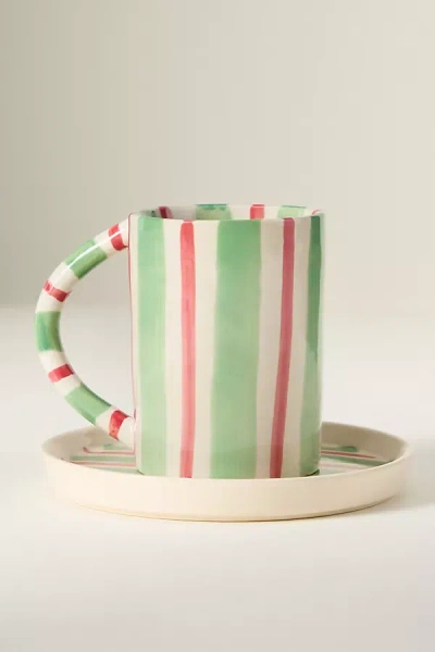 Anthropologie Daily Stripe Stoneware Espresso Cup & Saucer In Green