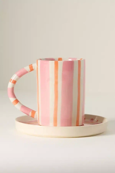 Anthropologie Daily Stripe Stoneware Espresso Cup & Saucer In Pink