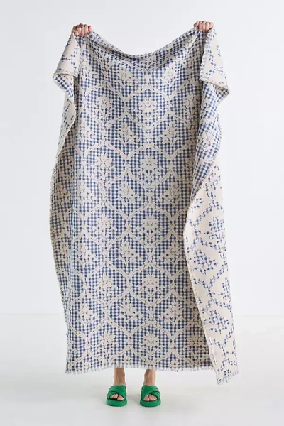 Anthropologie Damask Cotton Woven Throw In Blue