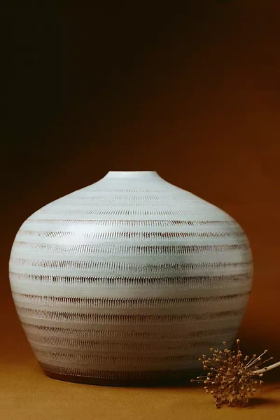 Anthropologie Dark Cyan Round Vase In White