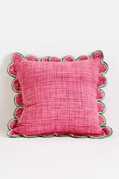 Anthropologie Dominica Indoor/outdoor Woven Fruit Trim Pillow In Pink