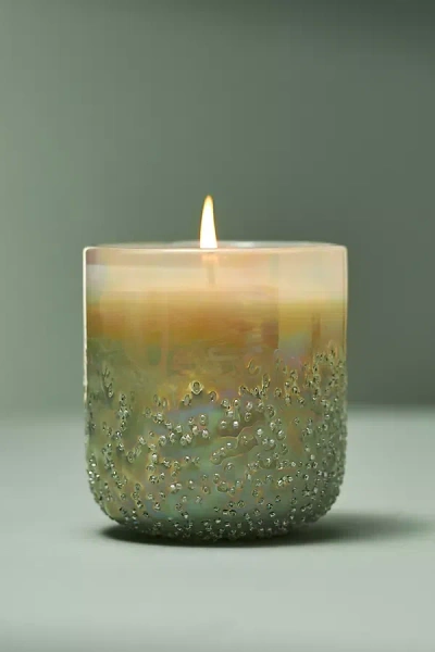 Anthropologie Elea Woody Mahogany Sage & Coconut Beaded Glass Candle In White