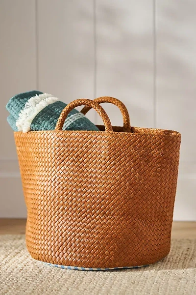 Anthropologie Eliza Woven Leather & Fabric-lined Basket In Brown