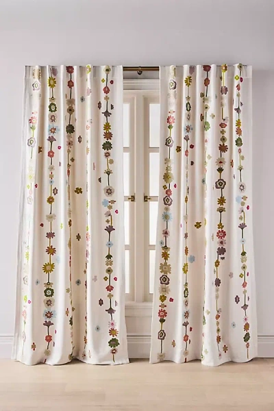 Anthropologie Embroidered Cotton Abstract Floral Curtain In Neutral