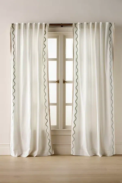 Anthropologie Embroidered Cotton Scalloped Border Curtain In Green
