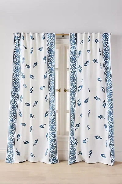 Anthropologie Embroidered Cotton Suzani Border Curtain In Blue