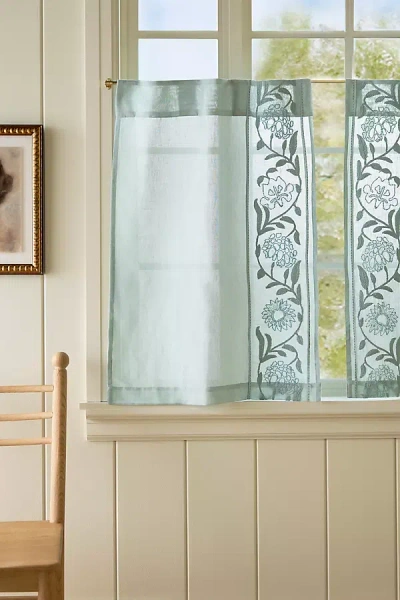 Anthropologie Embroidered Manette Cotton Linen Sheer Café Curtains, Set Of 2 In Blue